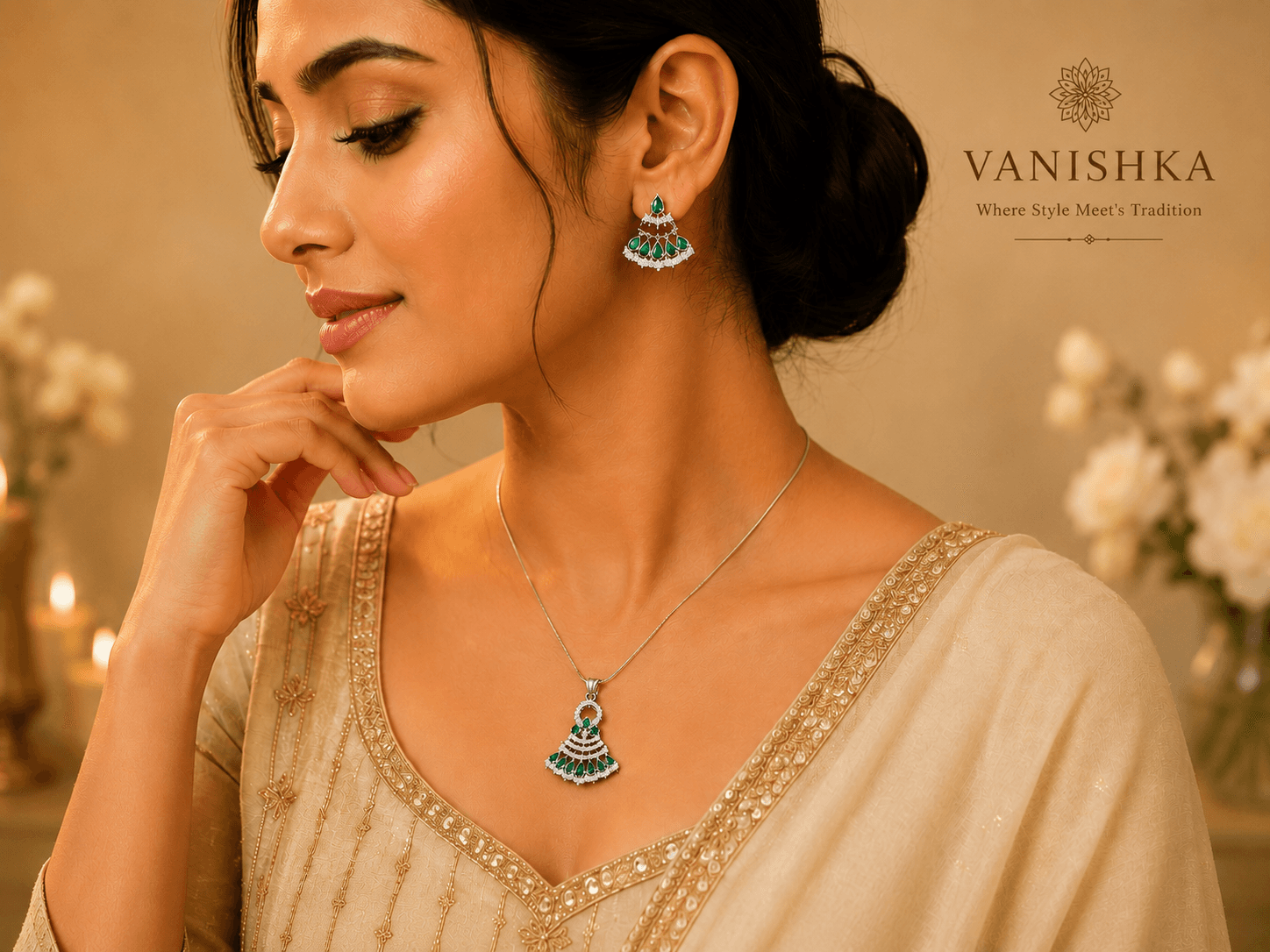Aurelia Pear-Cut AD Pendant Set with Earrings
