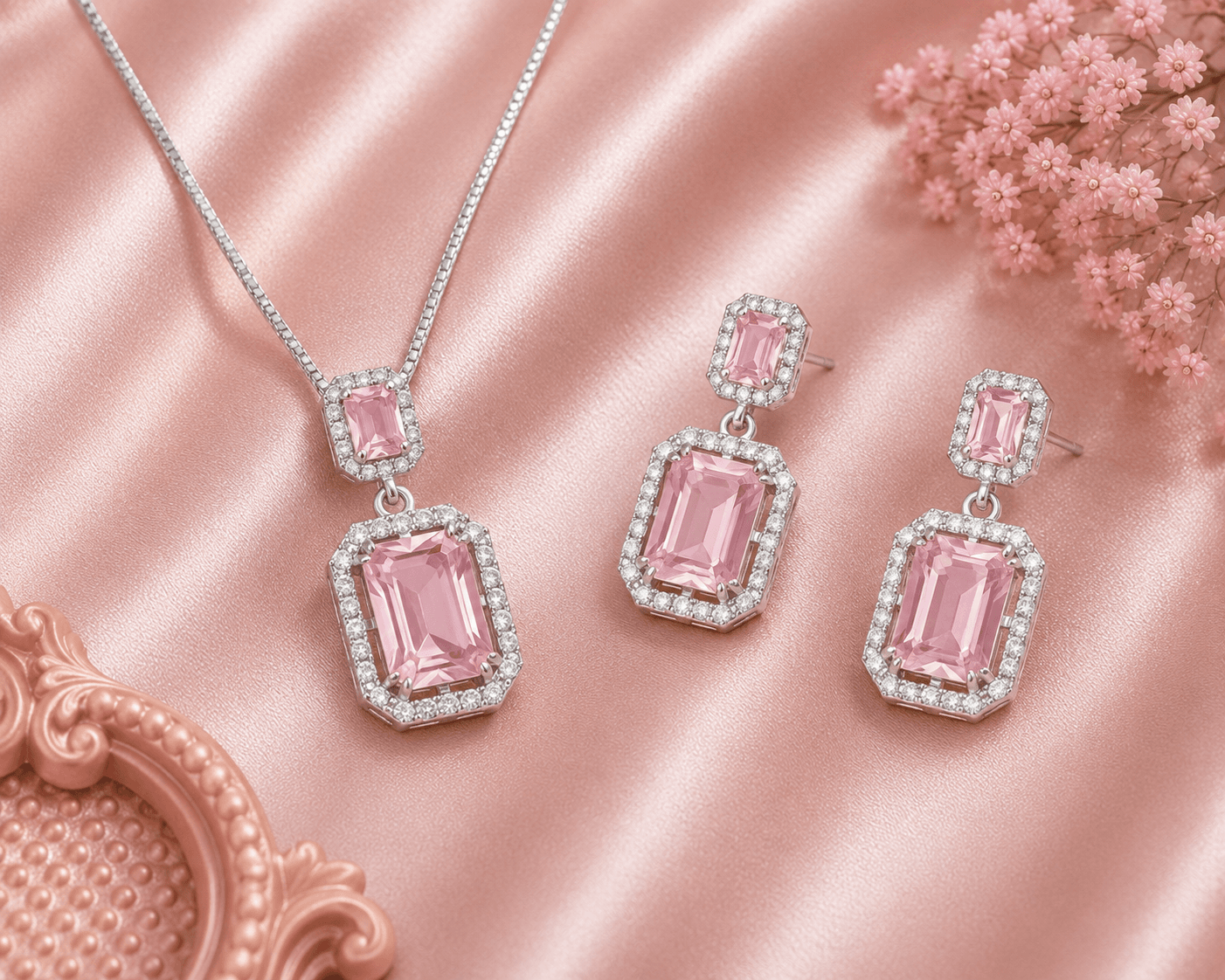 Celestia Square-Cut AD Pendant Set with Earrings