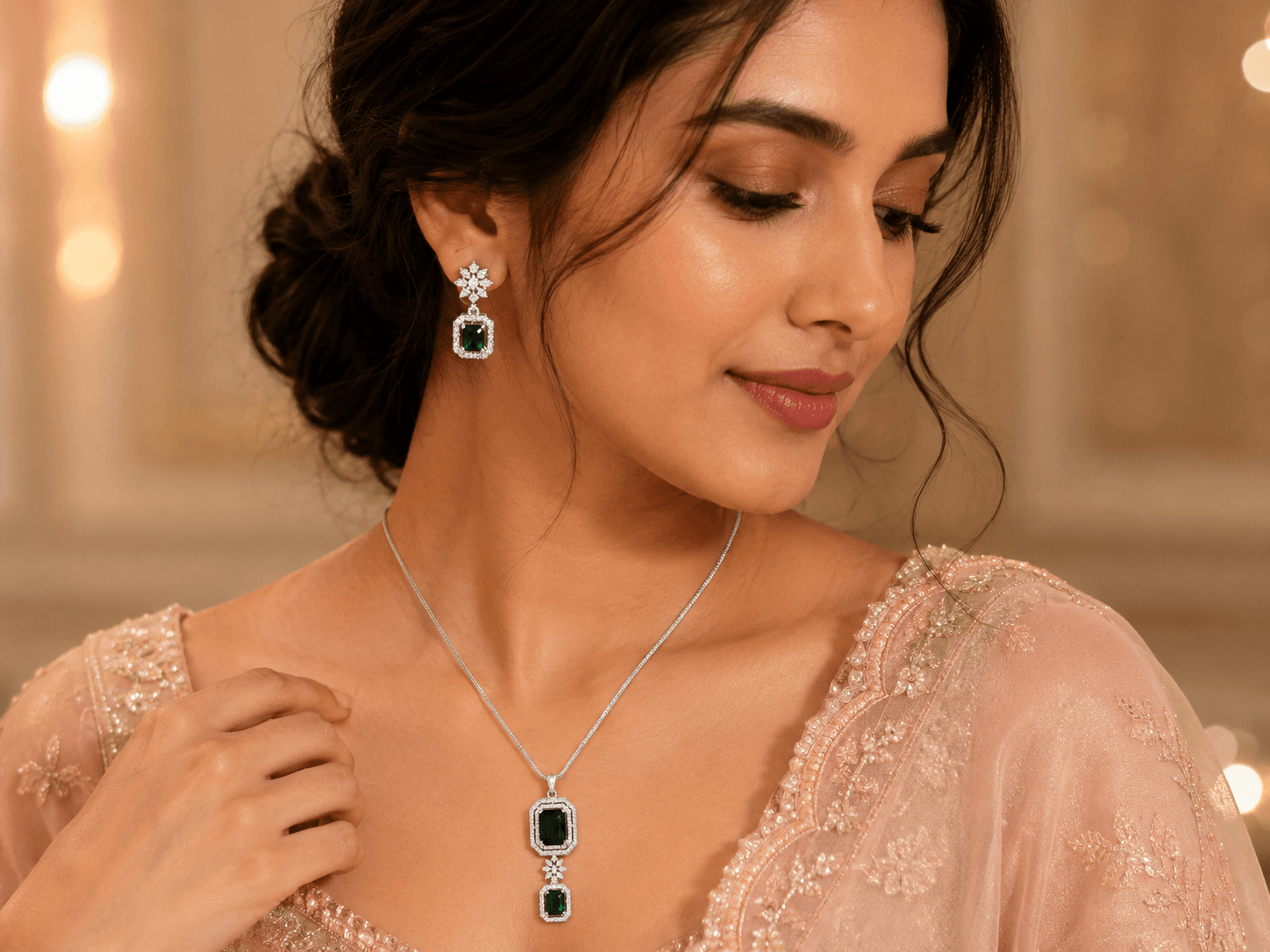 Elara Emerald Square-Cut AD Pendant Set with Earrings