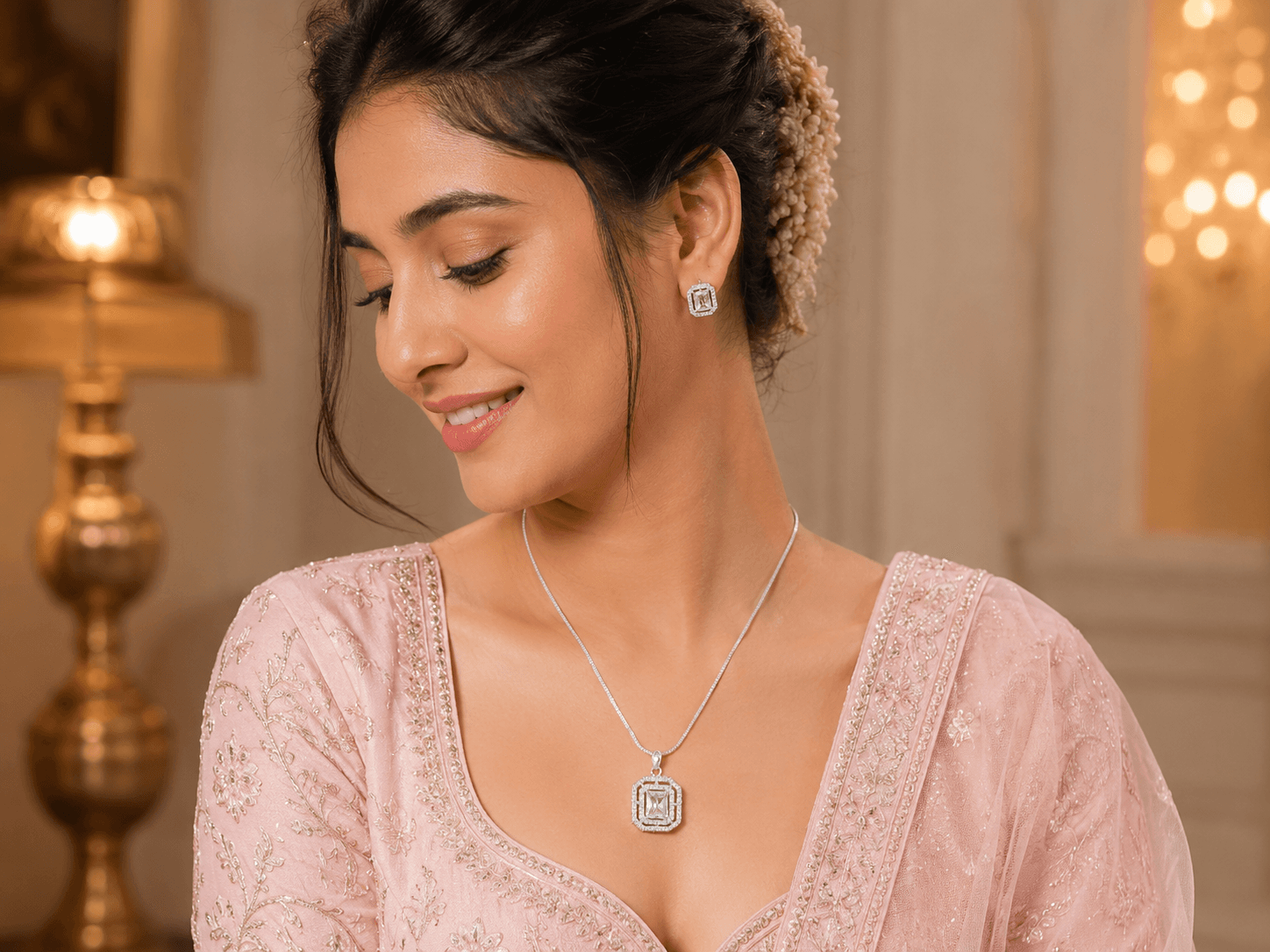 Seraphina Square-Cut AD Pendant Set with Earrings