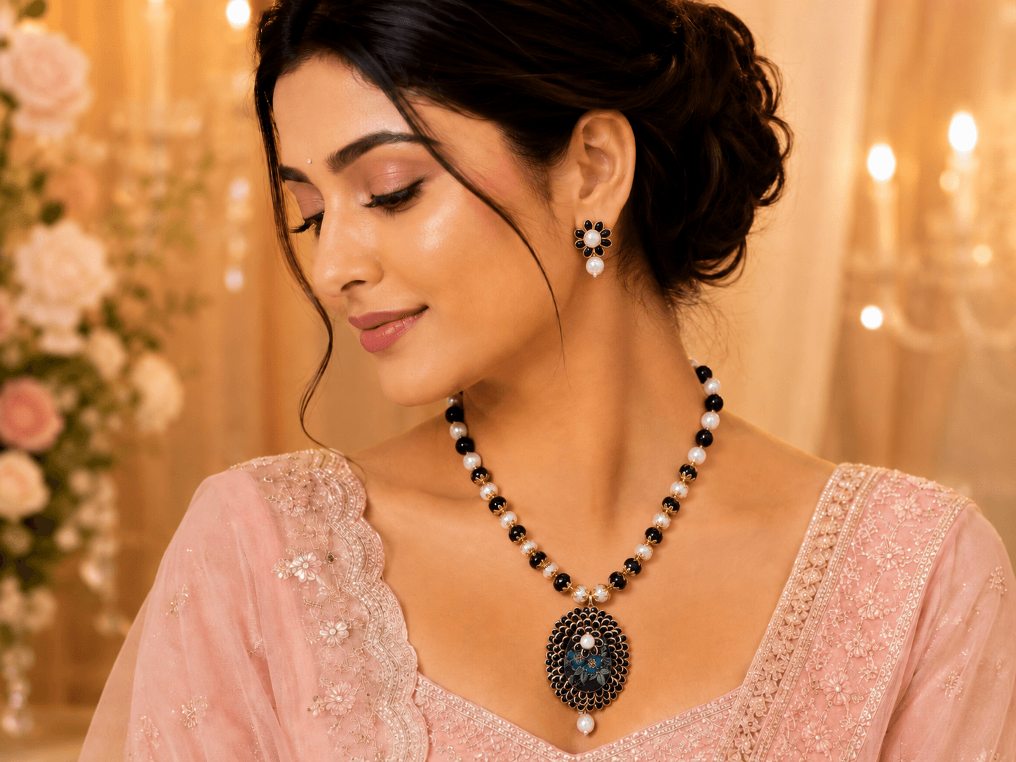 Mayura Floral Beaded Pendant Necklace Set with Pearl Earrings