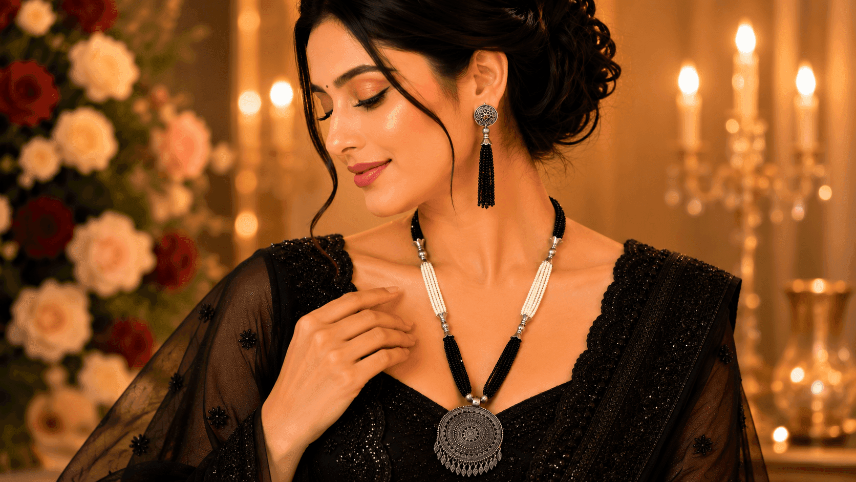Aarvi Antique Silver Oxidised Beaded Necklace Set with Earrings