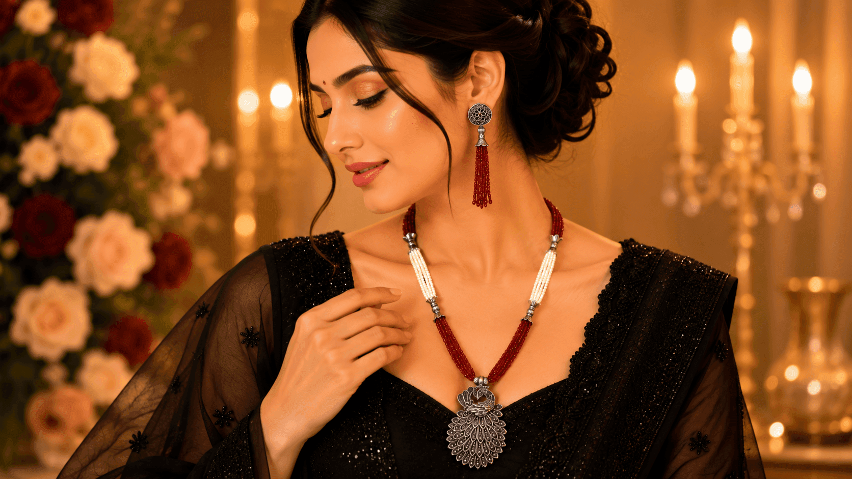 Mayura Antique Silver Peacock Oxidised Necklace Set with Earrings