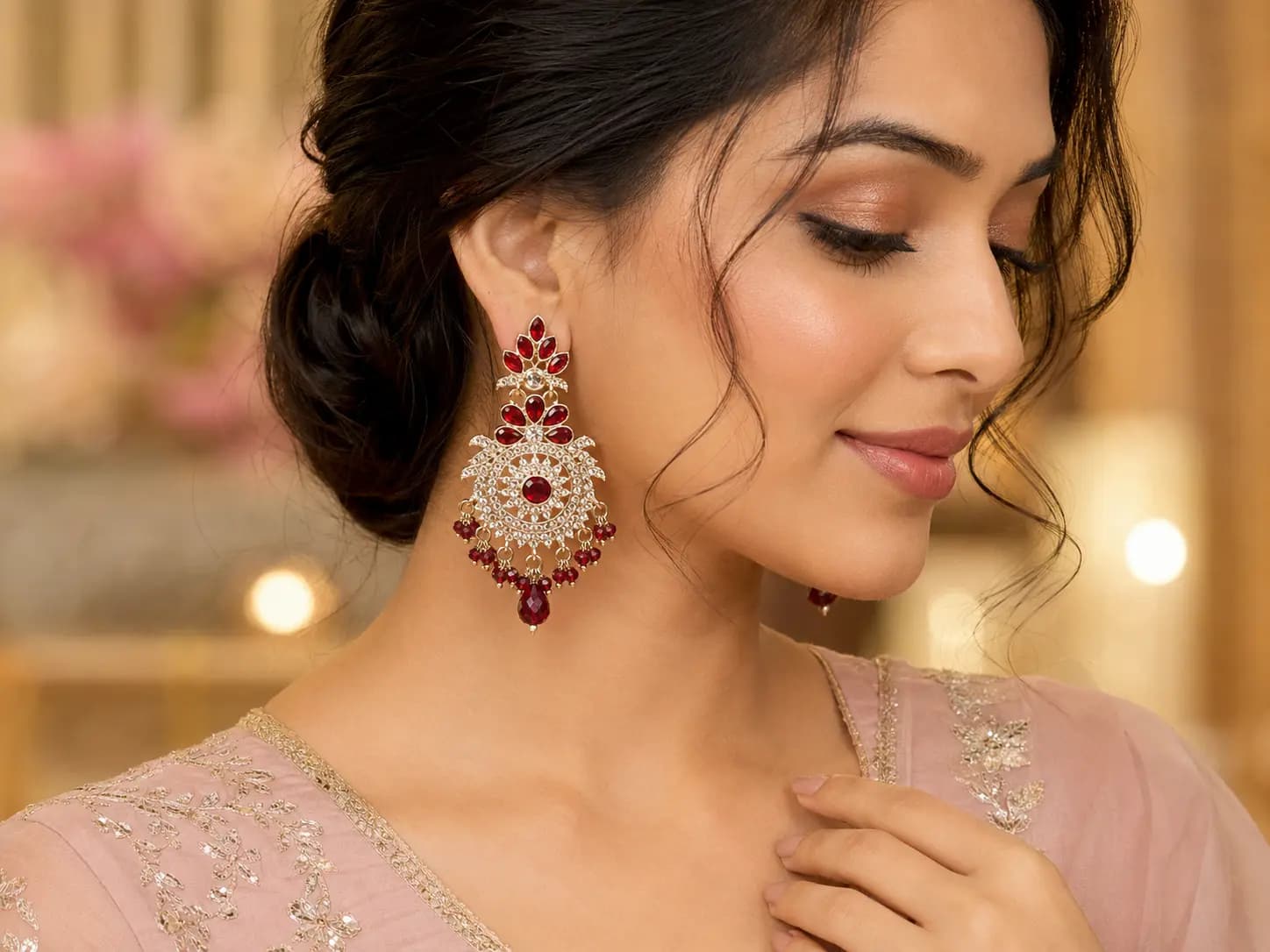 Ruby Red Kundan Chandbali Earrings
