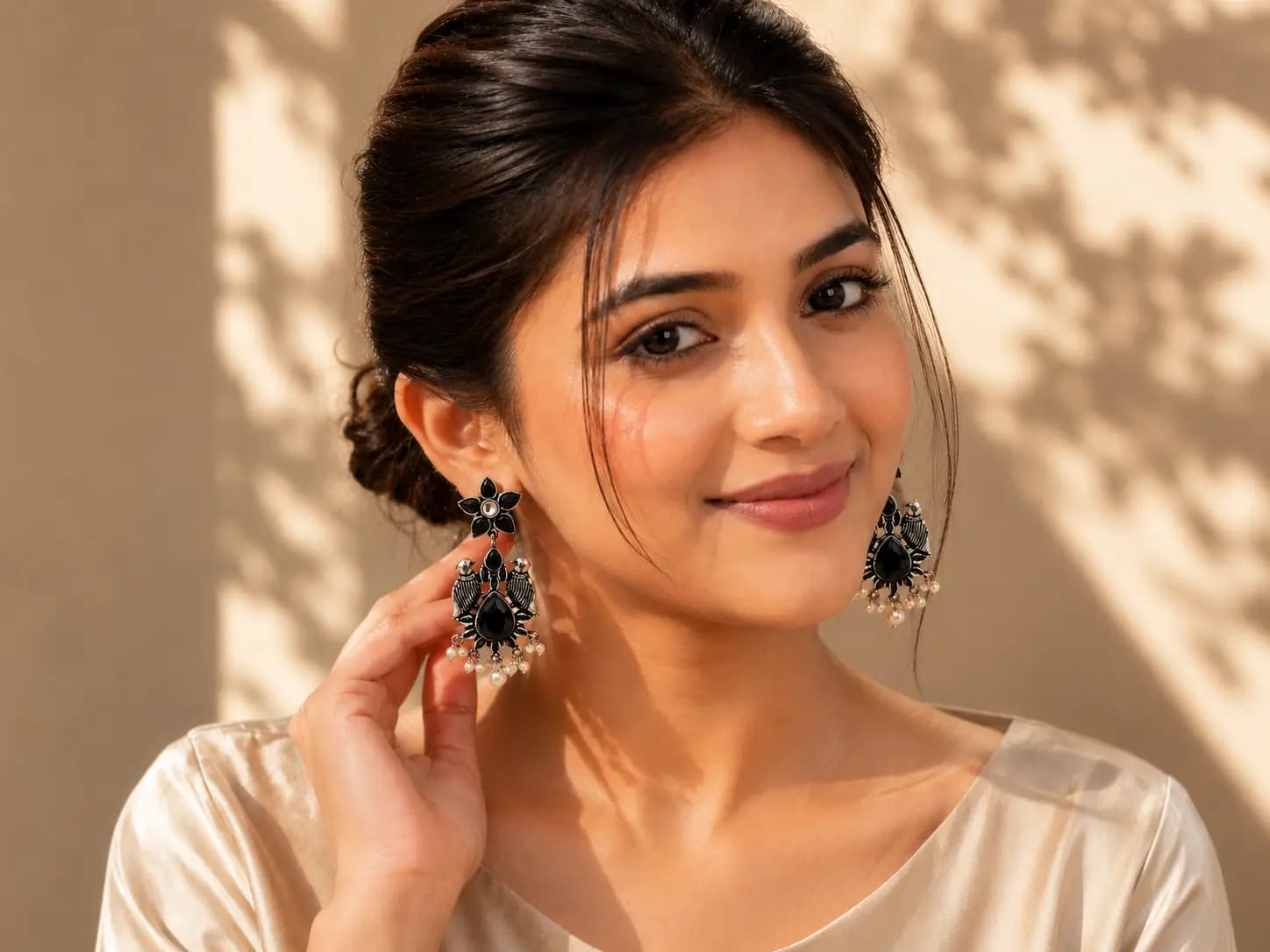Oxidized Silver Black Stone Bird Pearl Drop Earrings