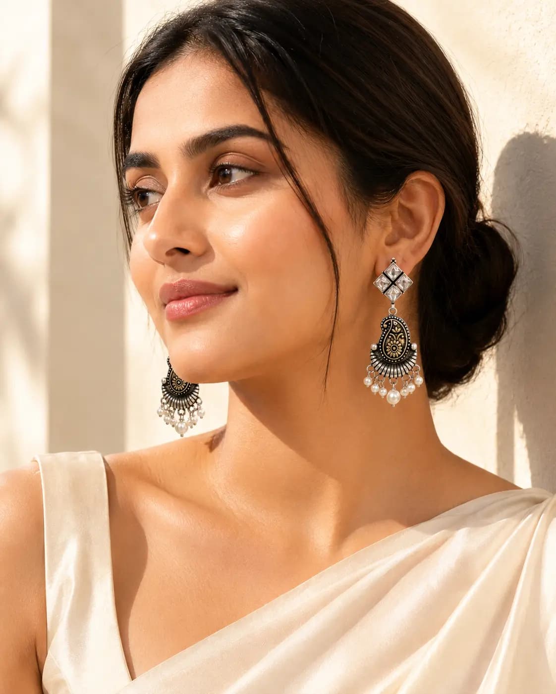 Oxidized Silver-Tone Kundan Stud Pearl Drop Earrings