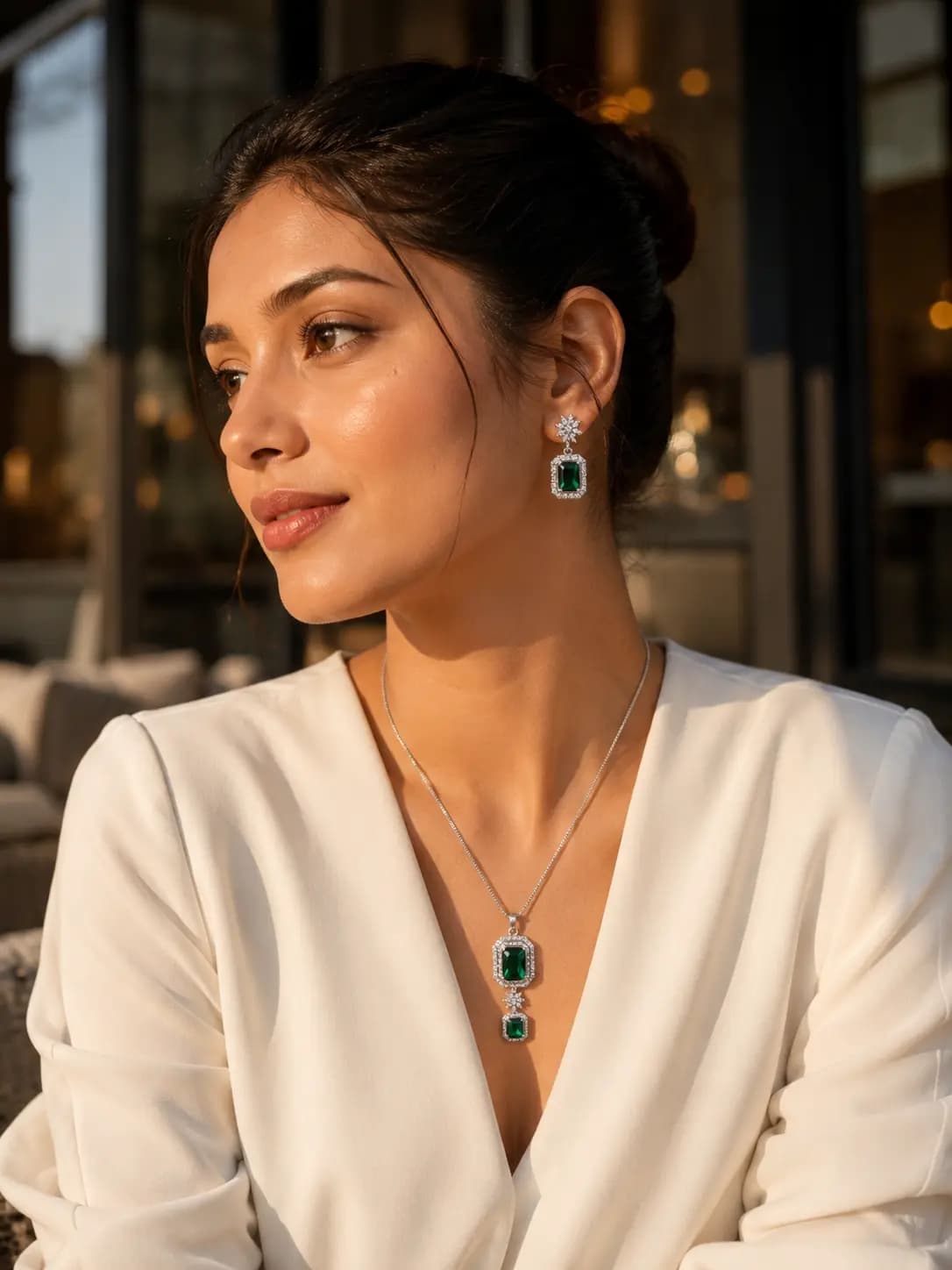 Emerald Green Crystal Pendant Necklace Set with Matching Earrings