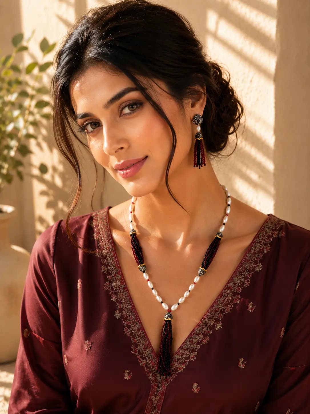 Pearl & Maroon Beaded Tassel Necklace Set with Matching Earrings