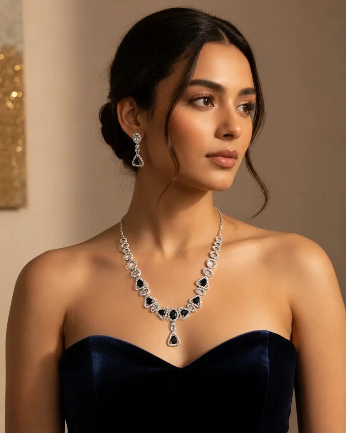 Elegant Teardrop Stone Necklace Set with Matching Earrings | Silver Finish