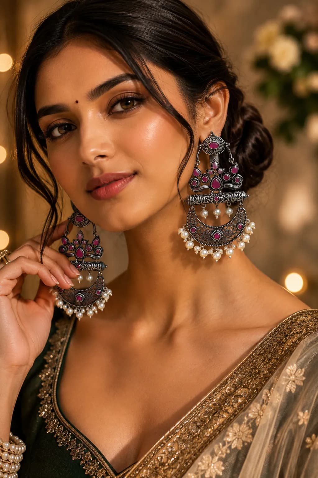 Antique Oxidized Chandbali Pearl Drop Earrings