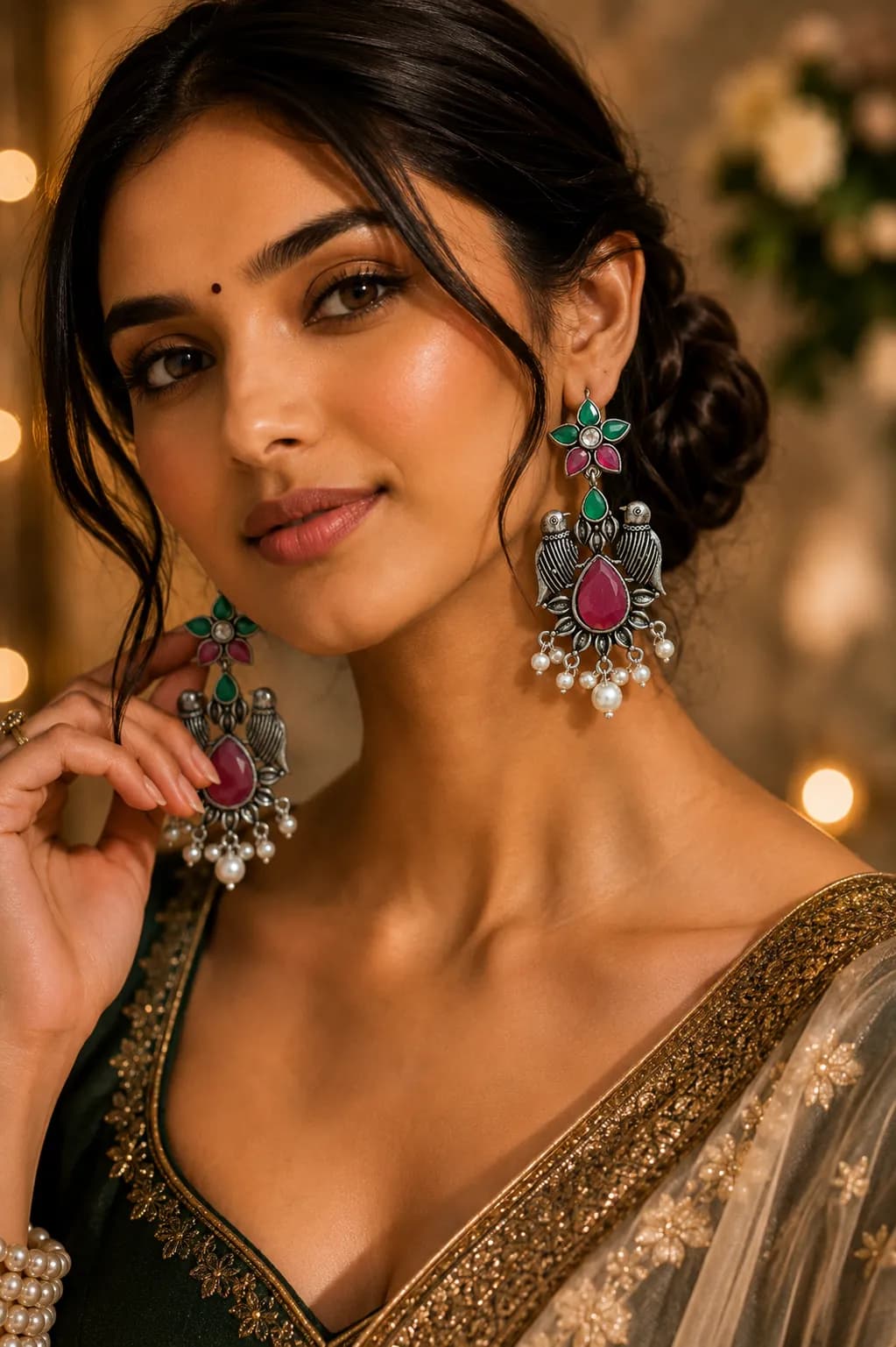 Antique Oxidized Bird Motif Pearl Drop Earrings
