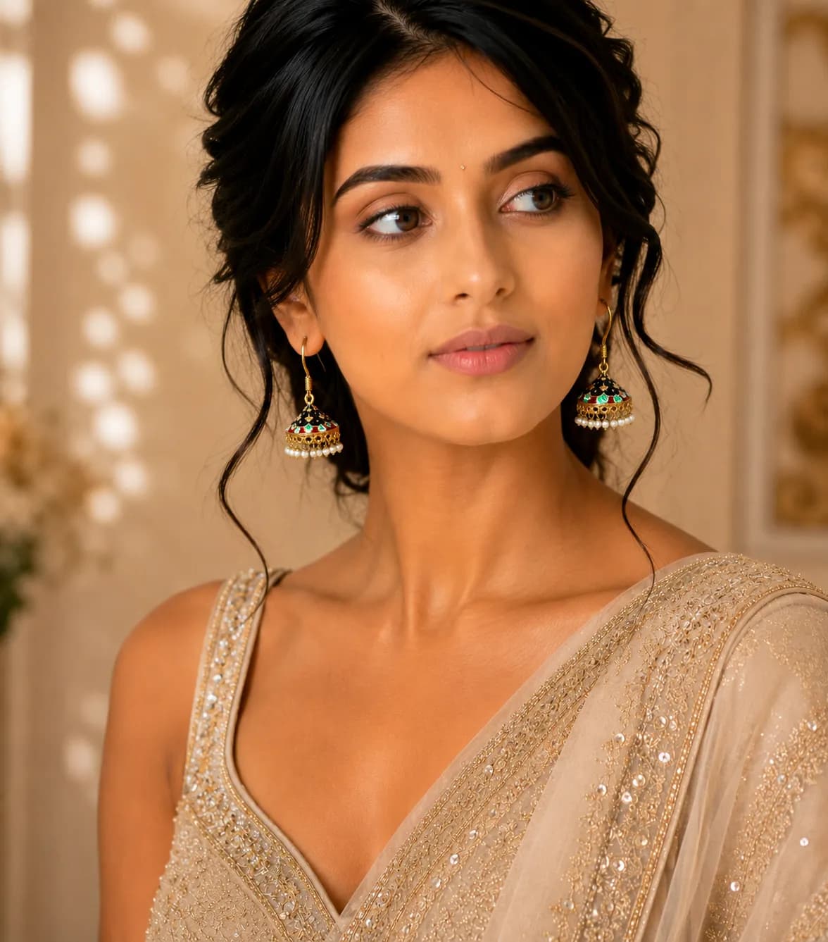 Gold-Plated Meenakari Jhumka Earrings with Pearl Drops