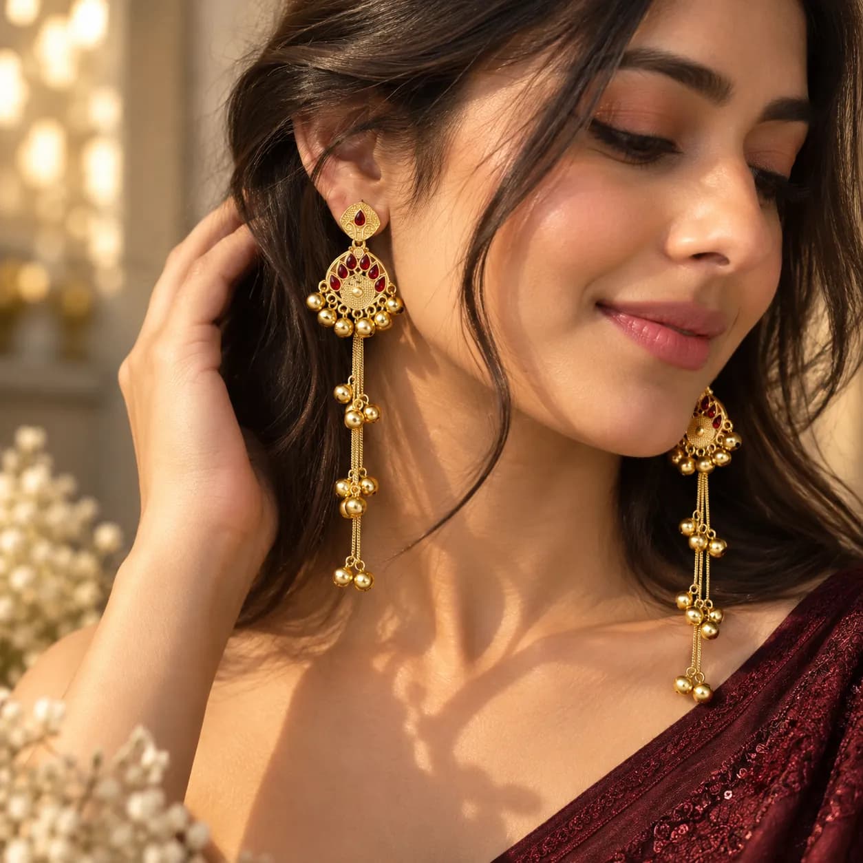Teardrop Long Chain Ghungroo Earrings